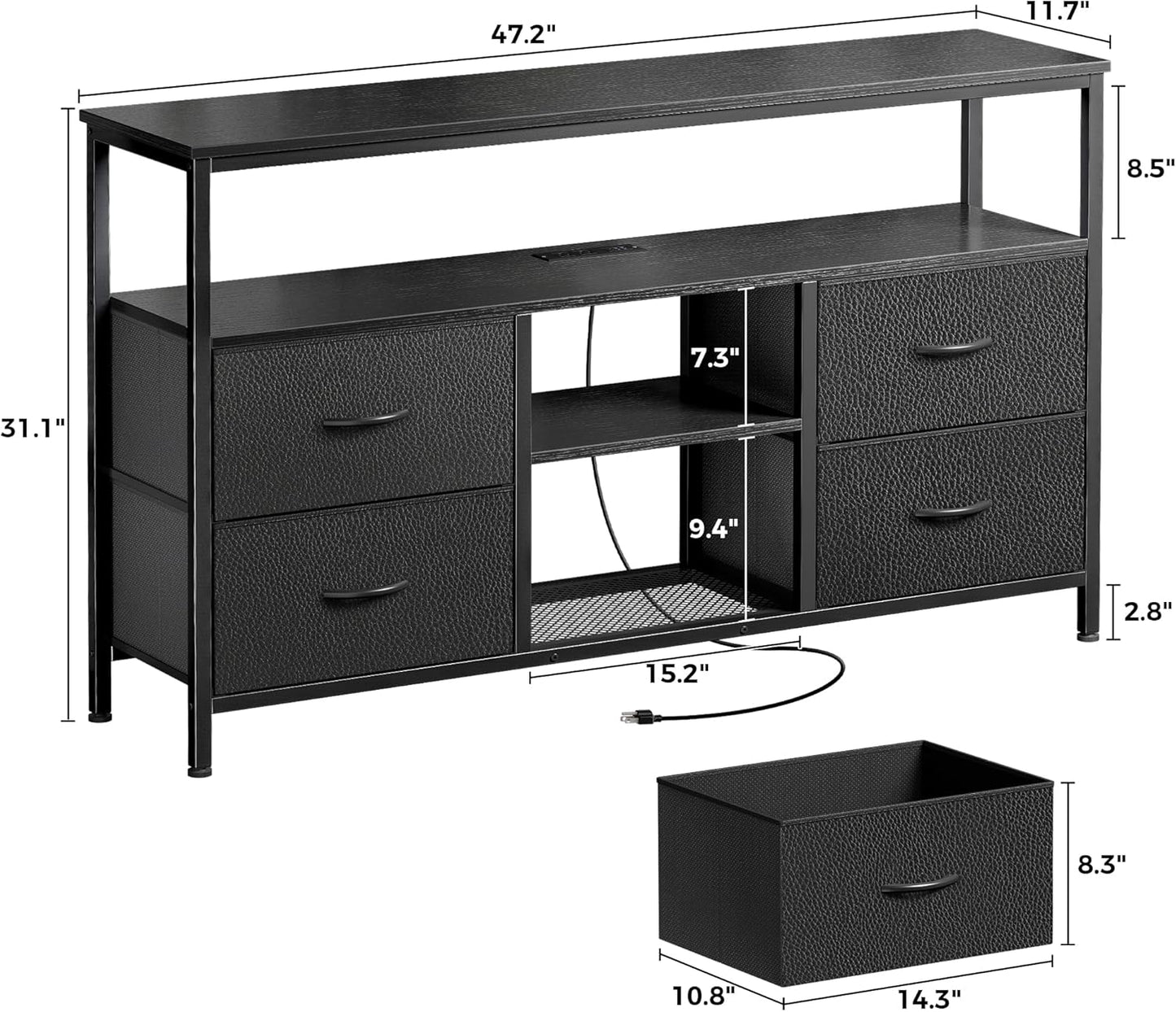 47 Inch TV Stand Dresser with Power Outlets and LED Lights, Fabric Dresser for Bedroom with Storage, 4 Drawers Entertainment Center with Open Shelf, Media Console for 55 50 Inch TV, Black