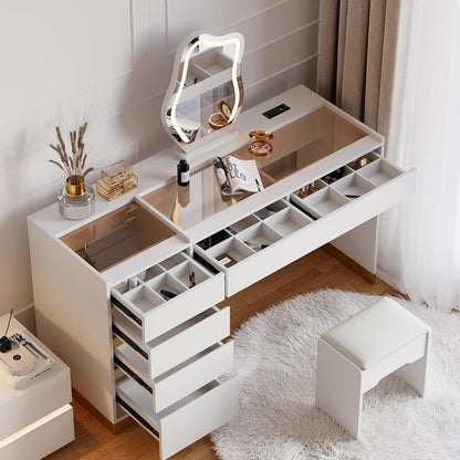 Vanity Desk Set with LED Mirror, Makeup Vanity with Power Outlet and Tempered Glass Top, Makeup Table with 6 Drawers, 3 Lighting Modes Vanity Table with Chair for Bedroom (White)