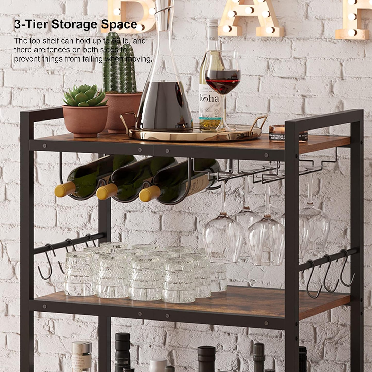 Bar Cart, Serving Cart for Home, Microwave Cart, Drink Cart, Mobile Kitchen Shelf with Wine Rack and Glass Holder, Rolling Beverage Cart BC01BB030