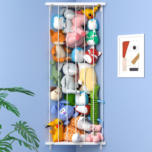 Stuffed Animal Storage Toy Organizer(Patented) - Corner Stuffed Animal Holder Length Adjustable - Stuffed Animal Wall Storage for Nursery Playroom Bedroom Kids Room Decor(White)