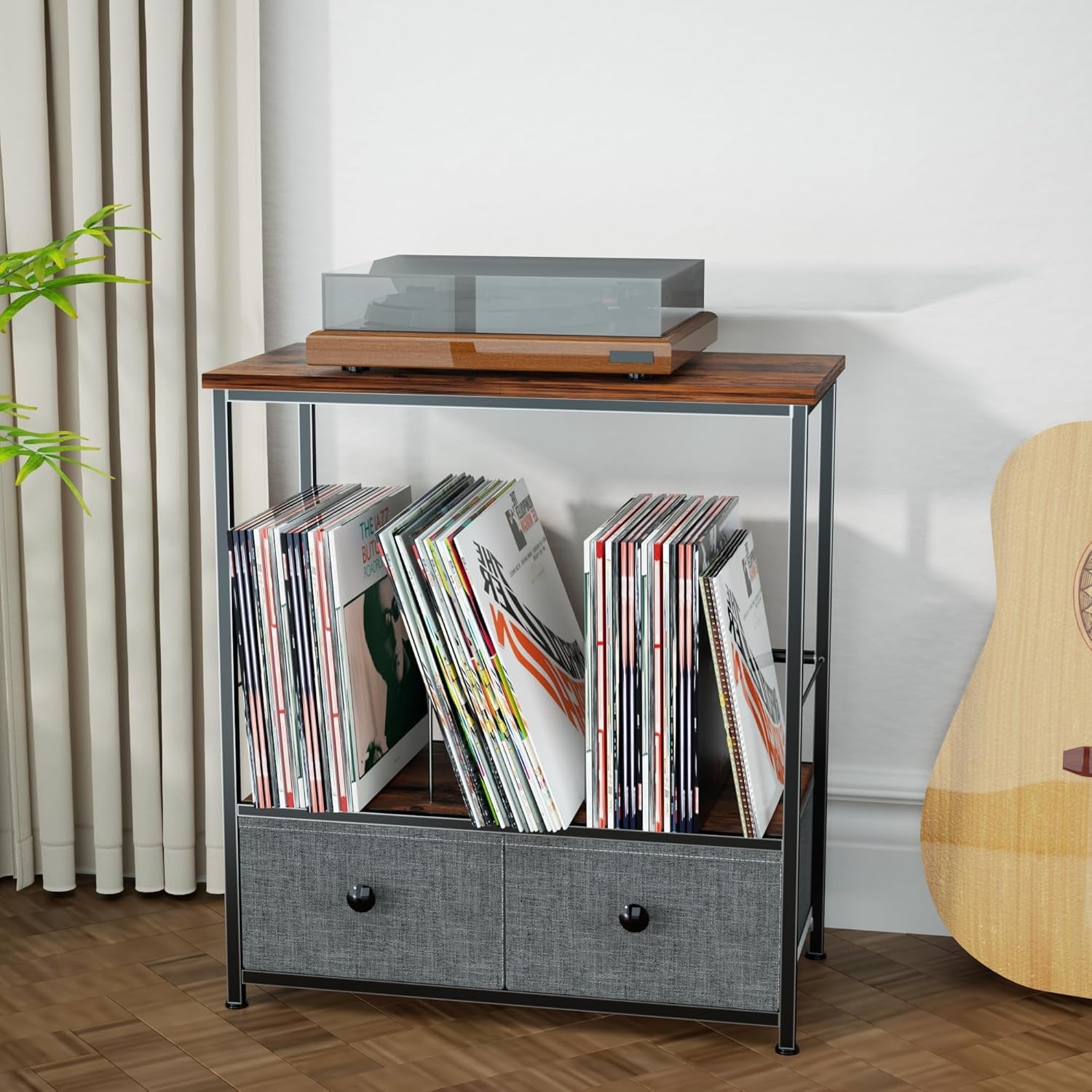 Record Player Stand with Vinyl Storage, 2-Tier Record Shelf Table with Fabric Drawer, Holds up to 110 Vinyl Records, Record Player Table for Turntable and Albums, 23.62"D × 11.81" W× 25.59"H
