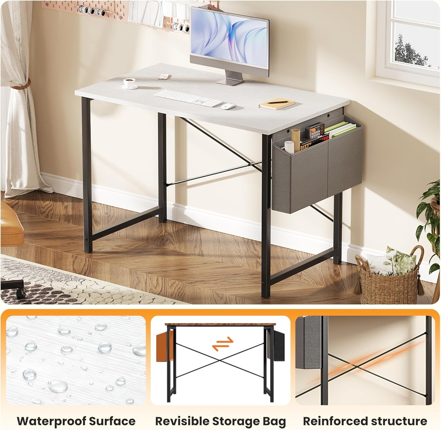 40 Inch Computer Desk Home Office Desks for Bedroom Writing Gaming Work Study Table with Storage Bag for Small Spaces, Modern Workstation in Bright White