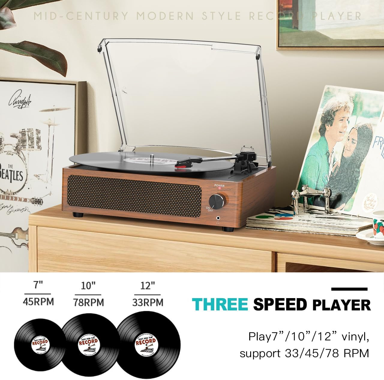 Vintage Record Players for Vinyl with Speakers Belt-Driven Retro Turntable LP Player Support 3-Speed, Bluetooth Playback, Aux-In, Headphone, RCA All-In-One Auto Stop Phonograph Wooden Brown
