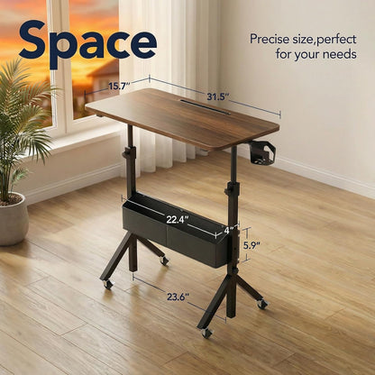 Rolling Standing Desk with Storage Bag,Adjustable Height Mobile Standing Desk for Walking Pad & Home Office,Portable Laptop Desk with Wheels 2'',31.5"X16",Height:28.35–46.46''Walnut