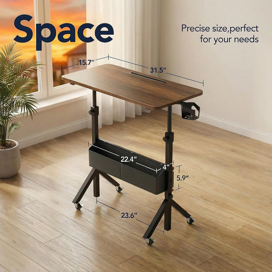 Rolling Standing Desk with Storage Bag,Adjustable Height Mobile Standing Desk for Walking Pad & Home Office,Portable Laptop Desk with Wheels 2'',31.5"X16",Height:28.35–46.46''Walnut