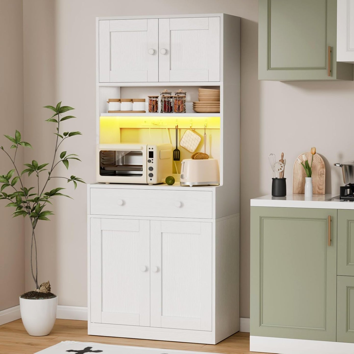 71" Tall Kitchen Pantry Storage Cabinet with Power Outlet & LED Light, Freestanding Food Pantry Cabinet with 4 Doors and Shelves, Cupboard with Drawer, Hutch with Microwave Stand, White