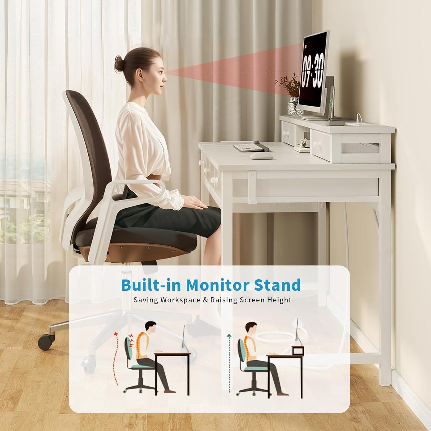 White Computer Desk with Fabric Drawers for Home Office, 40 Inch Vanity Makeup Desk with Drawers Storage for Bedroom, Writing Study Table with Power Outlet & Monitor Stand, White