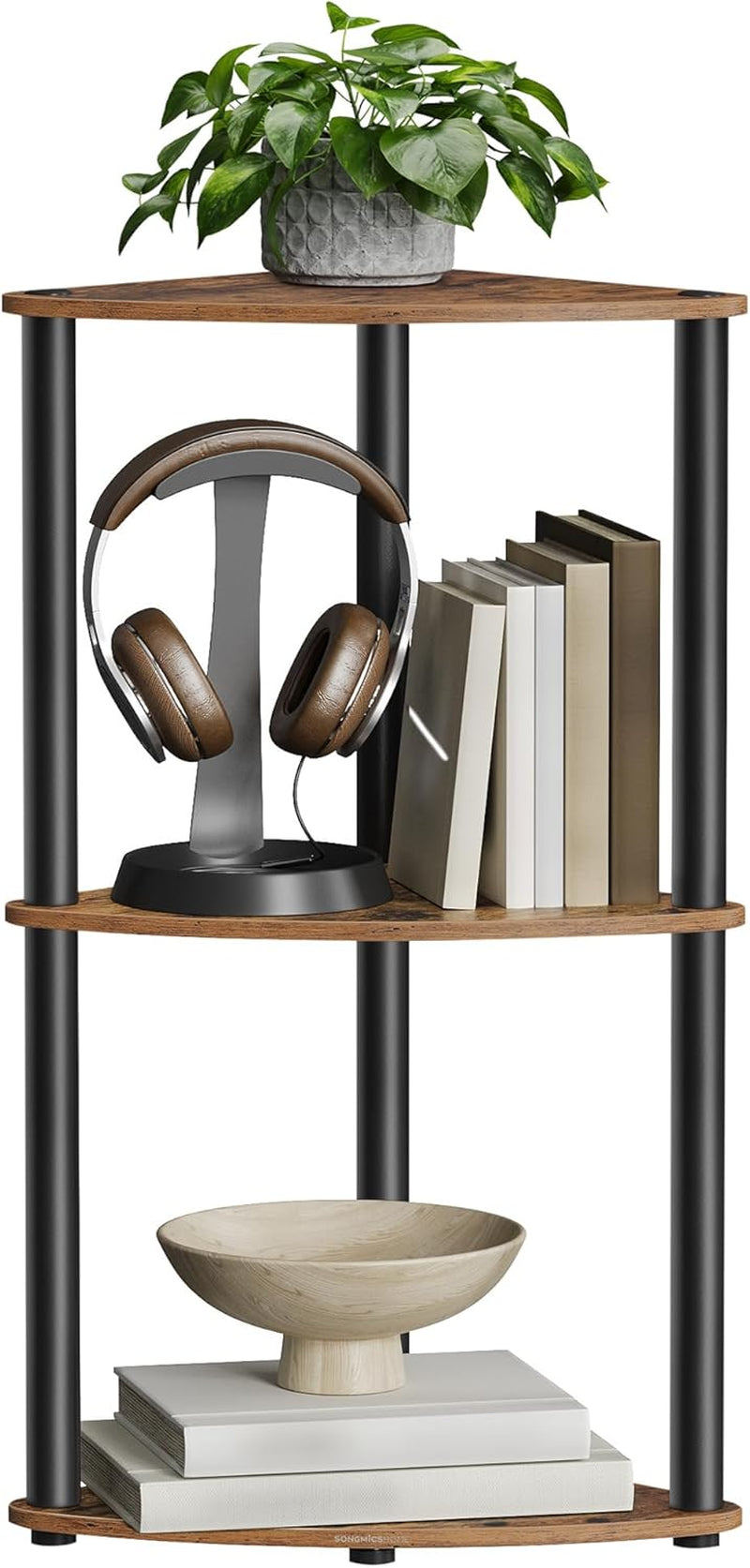 Superfast Toolless Assembly, Corner Shelf Stand, 3-Tier Corner Standing Shelf, Living Room, Bedroom, Kitchen, 15 X 10.6 X 27.8 Inches, Rustic Brown ULBC620K01