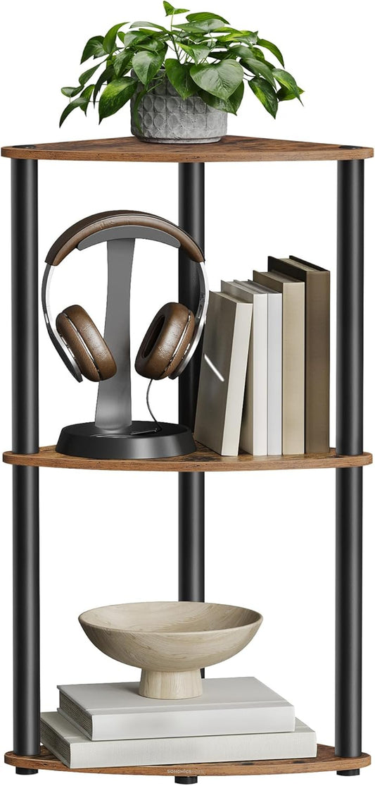 Superfast Toolless Assembly, Corner Shelf Stand, 3-Tier Corner Standing Shelf, Living Room, Bedroom, Kitchen, 15 X 10.6 X 27.8 Inches, Rustic Brown ULBC620K01