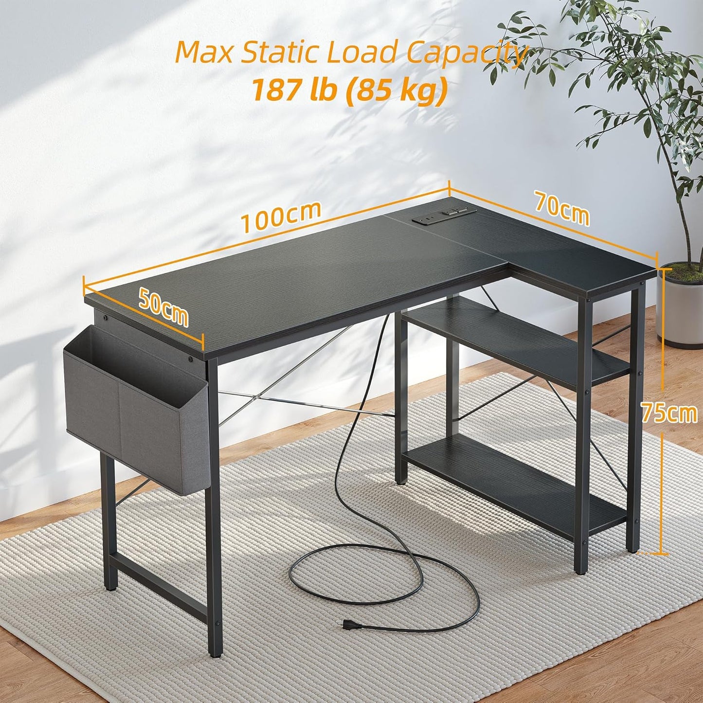 Small L Shaped Computer Gaming Corner Desk with Power Outlets, Reversible Shelves for Study, Writing Table for Home, Office, Bedroom, Living Room, 40 Inches, Black