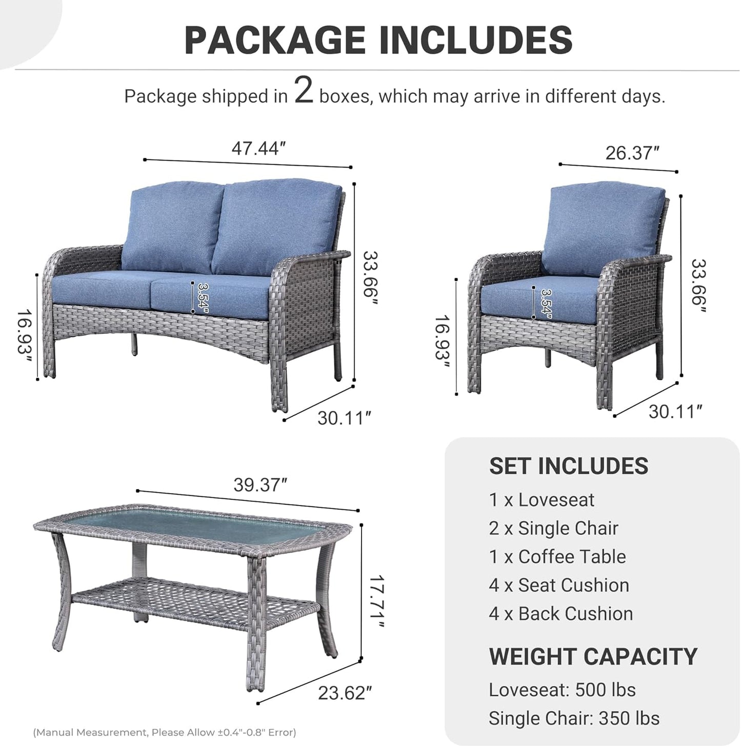 4-Piece Patio Furniture Set, Outdoor Wicker Sofa with Chairs Coffee Table, High Back Rattan Couch Loveseat with Comfy Cushions for Porch Yard Deck, Denim Blue