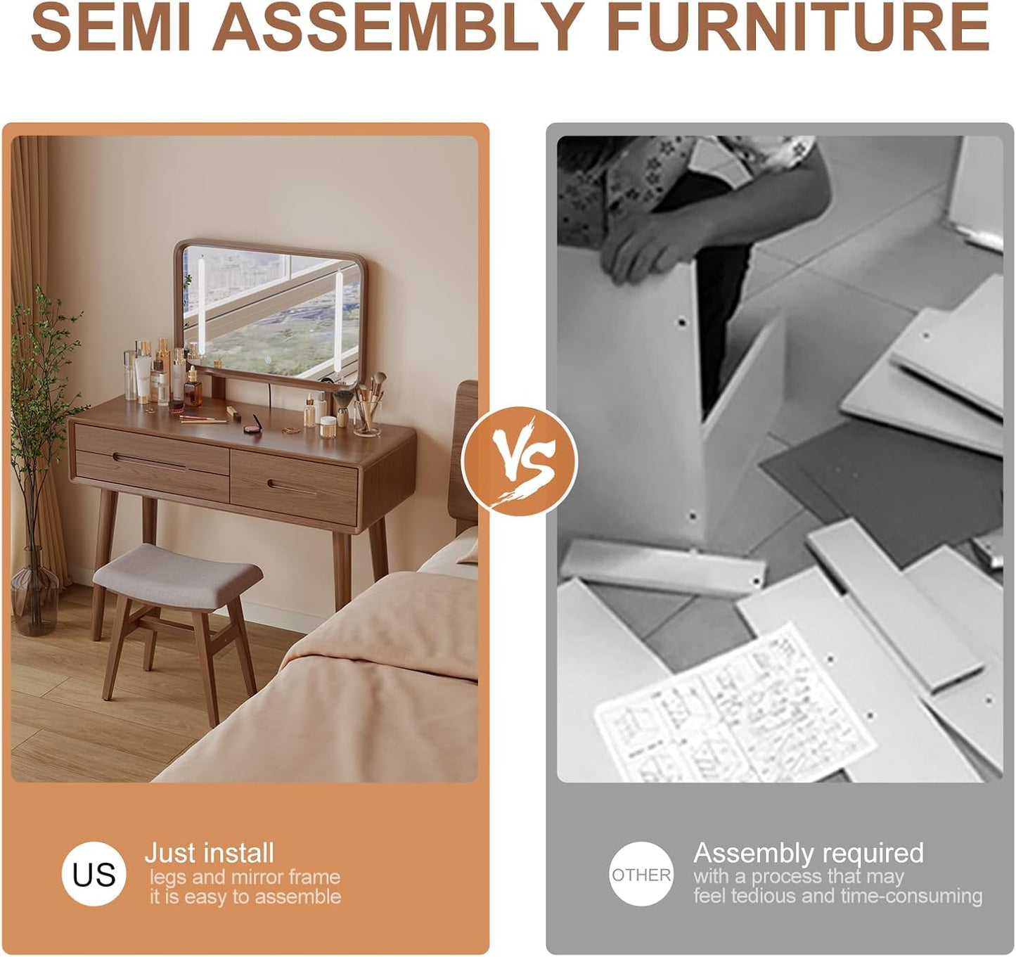 Solid Wood Vanity Desk with Mirror and Lights,Adjustable Height and Brightness, Makeup Vanity with 3 Drawers,Semi-Assembled,Dressing Table for Bedroom and Living Room (Walnut)