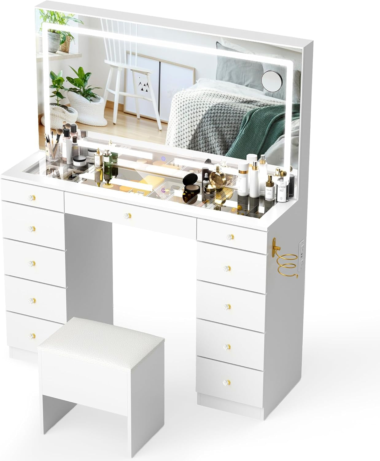 11 Drawers Glass Top Vanity Desk with Chair, Crystal Handles Makeup Vanity with Mirror and Lights, Dressing Table with Power Outlet, Adjustable Lighting Modes, White