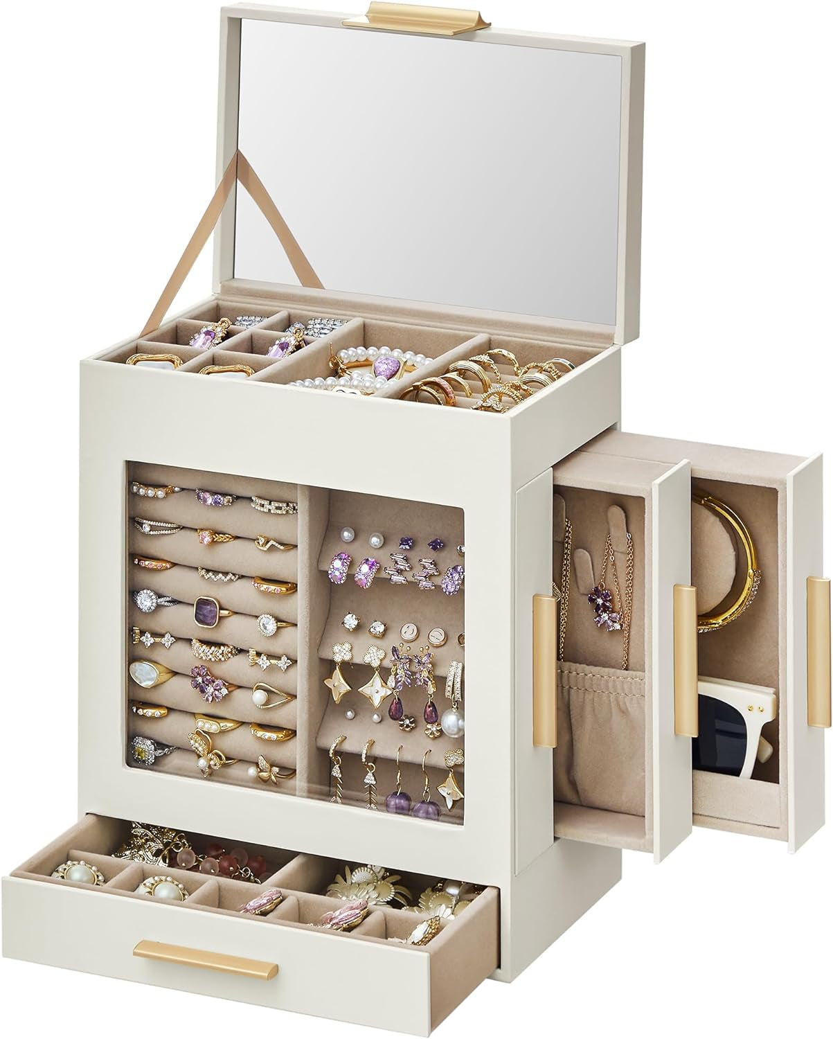 Jewelry Box with Glass Window, 5-Layer Jewelry Organizer with 3 Side Drawers, Jewelry Storage, with Big Mirror, Modern, 6.1 X 10.3 X 12.6 Inches, Cloud White and Metallic Gold UJBC162W01