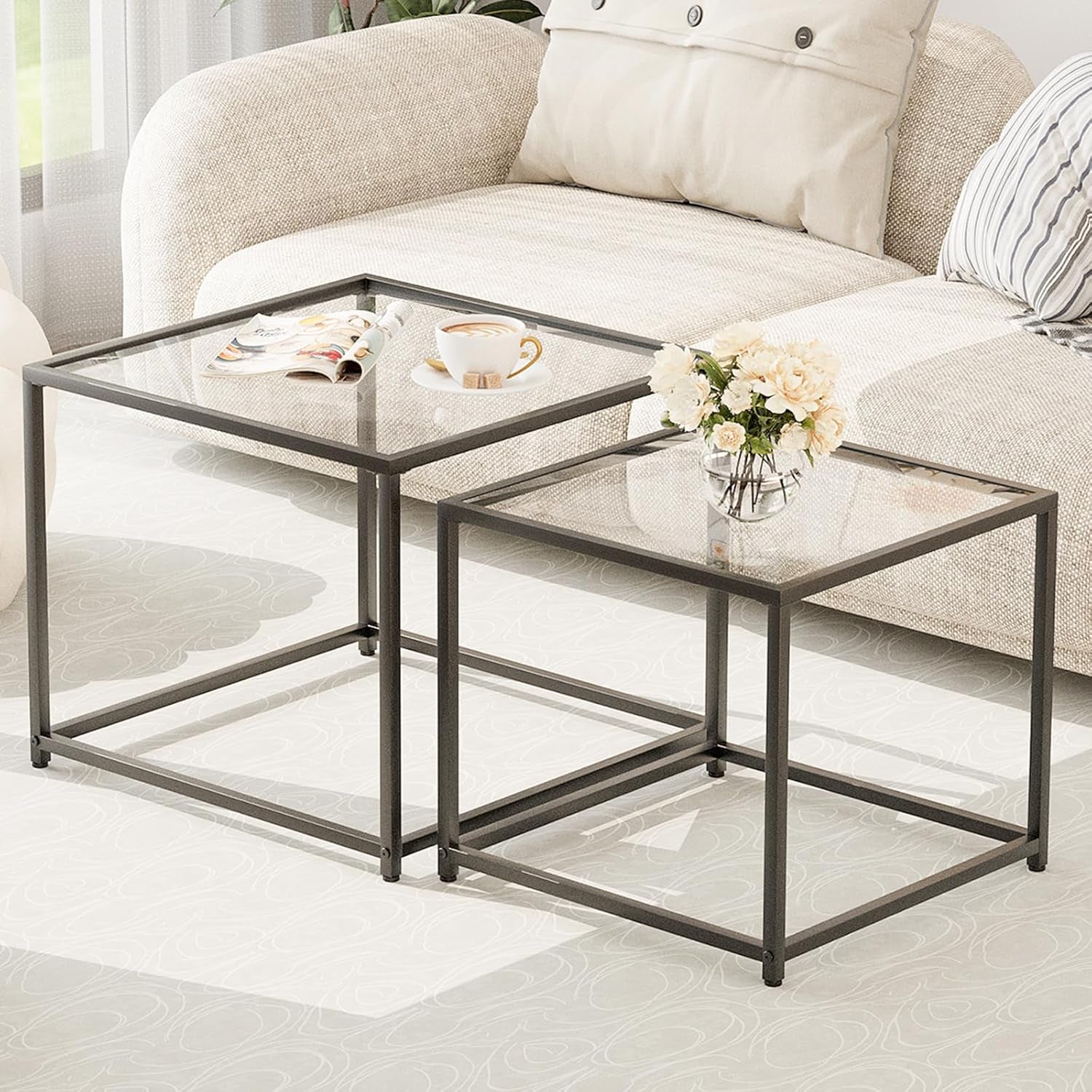 Coffee Table Set of 2, Modern Glass Nesting Table, Metal Frame Square Center Table Set, Side Tables, Nesting Coffee Table for Living Room, Bedroom and Small Spaces, 23.6In Black