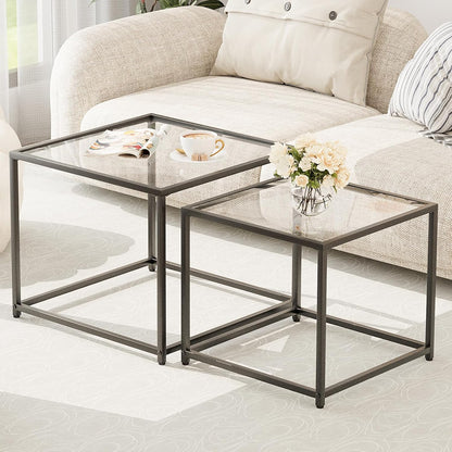 Coffee Table Set of 2, Modern Glass Nesting Table, Metal Frame Square Center Table Set, Side Tables, Nesting Coffee Table for Living Room, Bedroom and Small Spaces, 23.6In Black