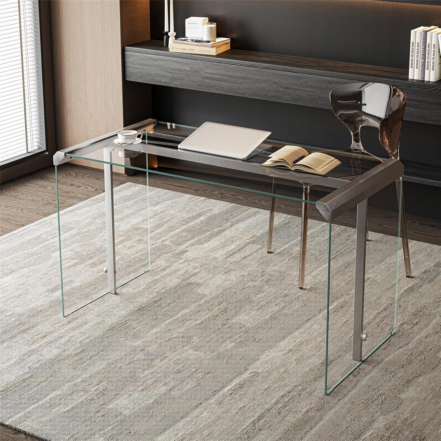 Modern Clear Tempered Glass Computer Desk, 51.2" Home Office Writing Desk with Metal Frame, Minimalist Transparent Executive Desk for Gaming, Study