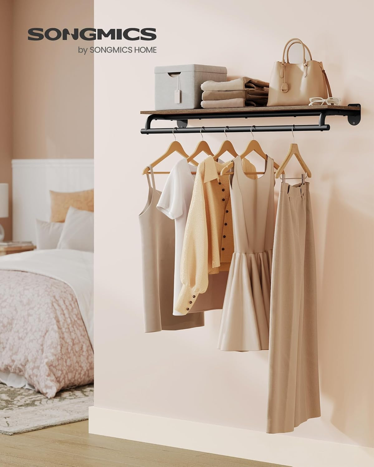 Clothes Rack with Top Shelf, Wall Mounted Clothing Rack, with Hanging Rod, Loads up to 77 Lb, 11 X 42.9 X 5.2 Inches, Entryway, Bedroom, Closet, Rustic Brown and Ink Black UHSR135B01