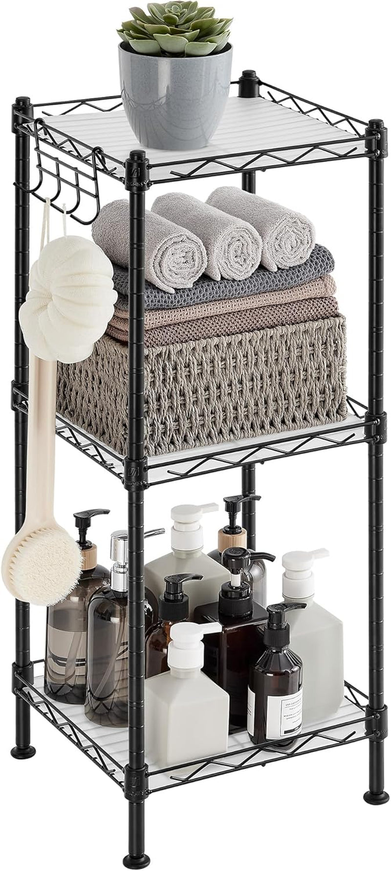 5-Tier Bathroom Shelf, Storage Rack for Small Space, with 5 PP Shelf Liners, Removable Hook, Extendable Design, Ink Black and Translucent ULGR23BK