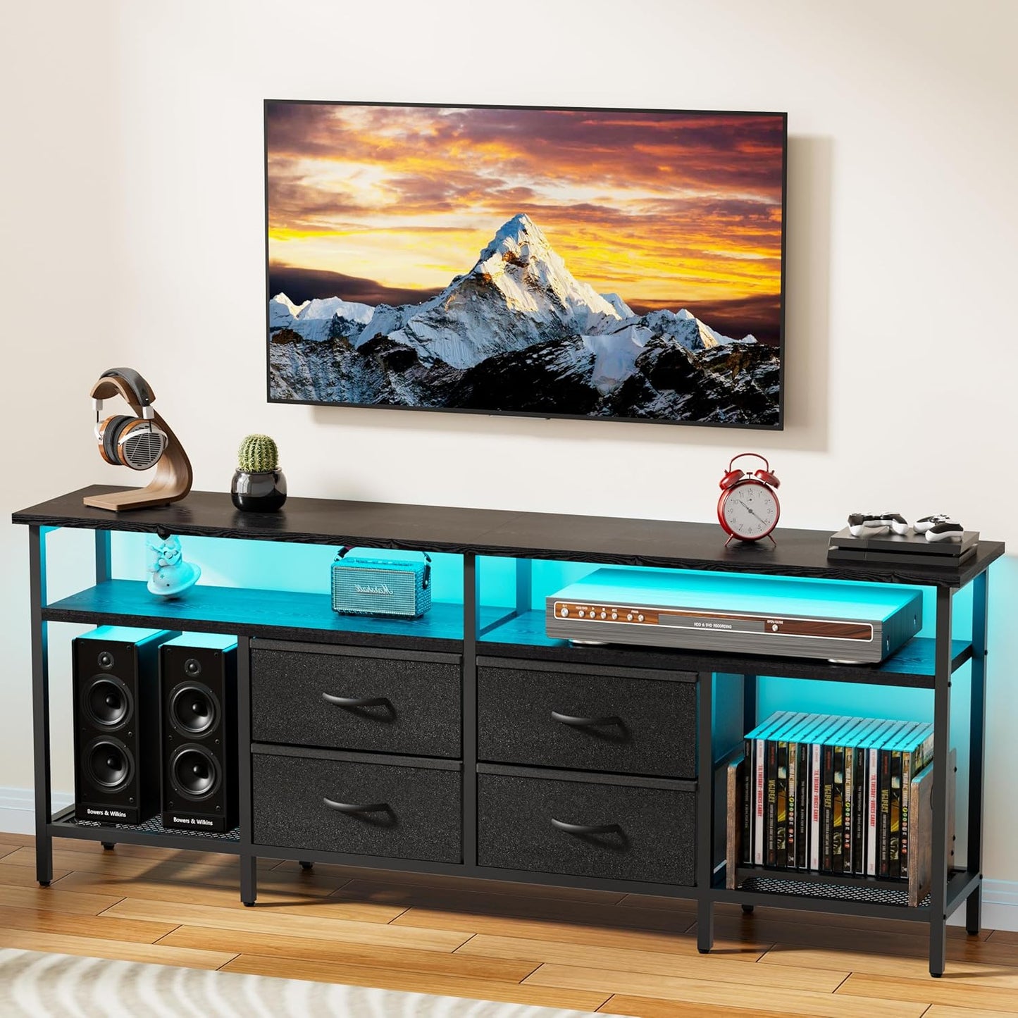 TV Stand for 55/60/65/70 Inch TV, Modern Entertainment Center with LED Lights and Power Outlets, TV Stand with Drawers and Shelves, Media Console with Storage for Living Room Bedroom, Black
