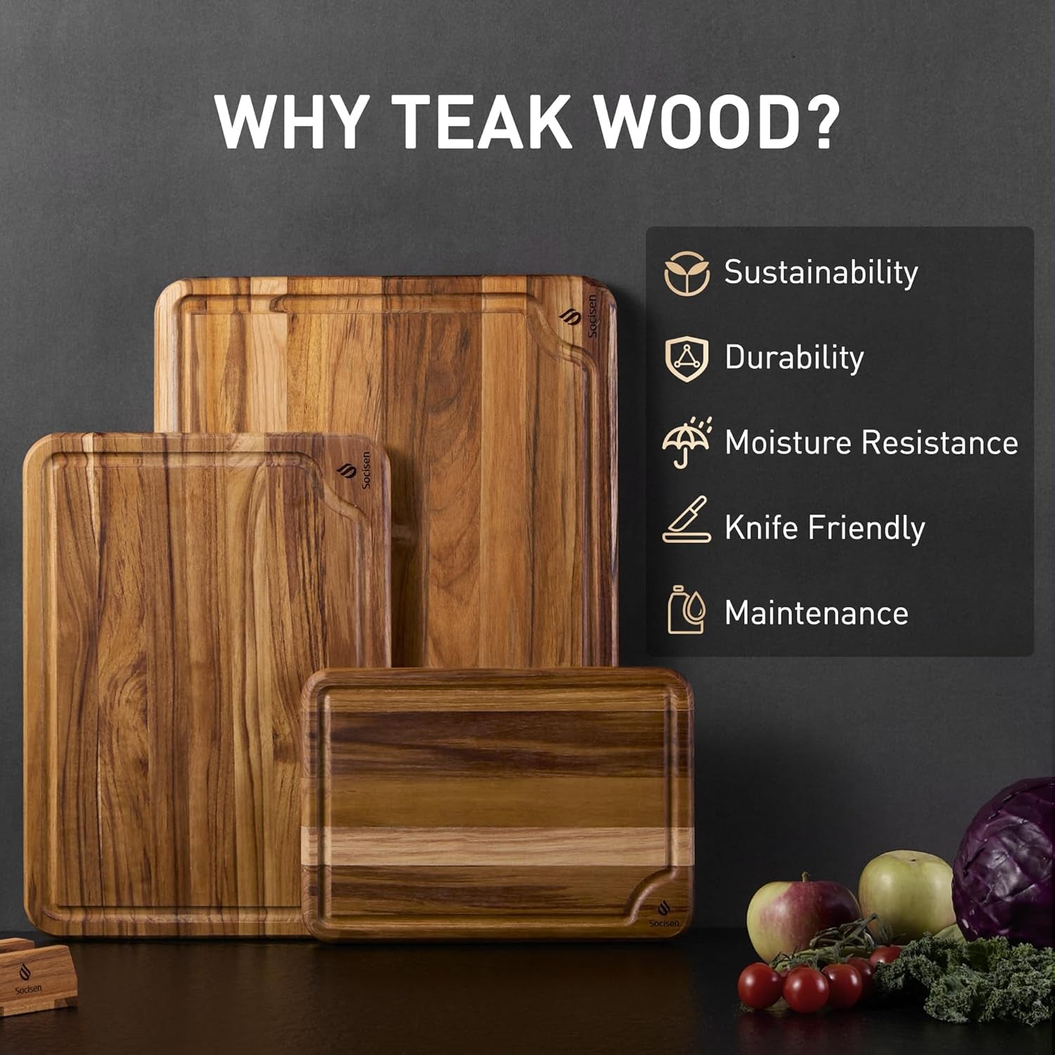 3 Pack Teak Wood Cutting Board Set for Kitchen Charcuterie Board Serving Heavy Duty Non Toxic Slip over Sink Solid Thick Haus Wooden Chopping Board Large Big Small Meat Best Kitchen Essential Gift