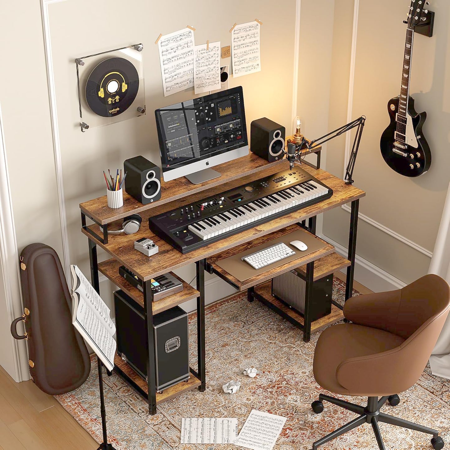 Computer Desk with Keyboard Tray, 47 Inch Office Desk with Monitor Stand and Storage Shelves, Music Studio Desk Workstation, Work Table for Home Office, Rustic Brown