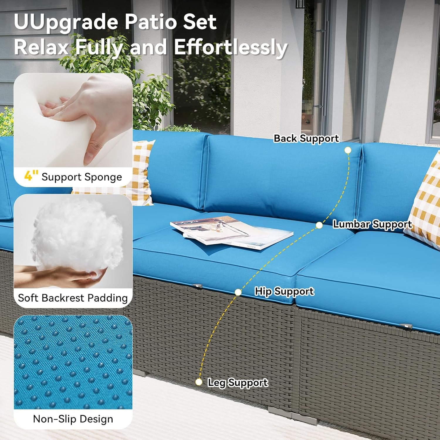 Patio Furniture Set, 7 Piece Outdoor Sectional Sofas with Waterproof Cover, Wicker Rattan Outdoor Furniture Patio Conversation Set for Backyard, Garden Peacock Blue