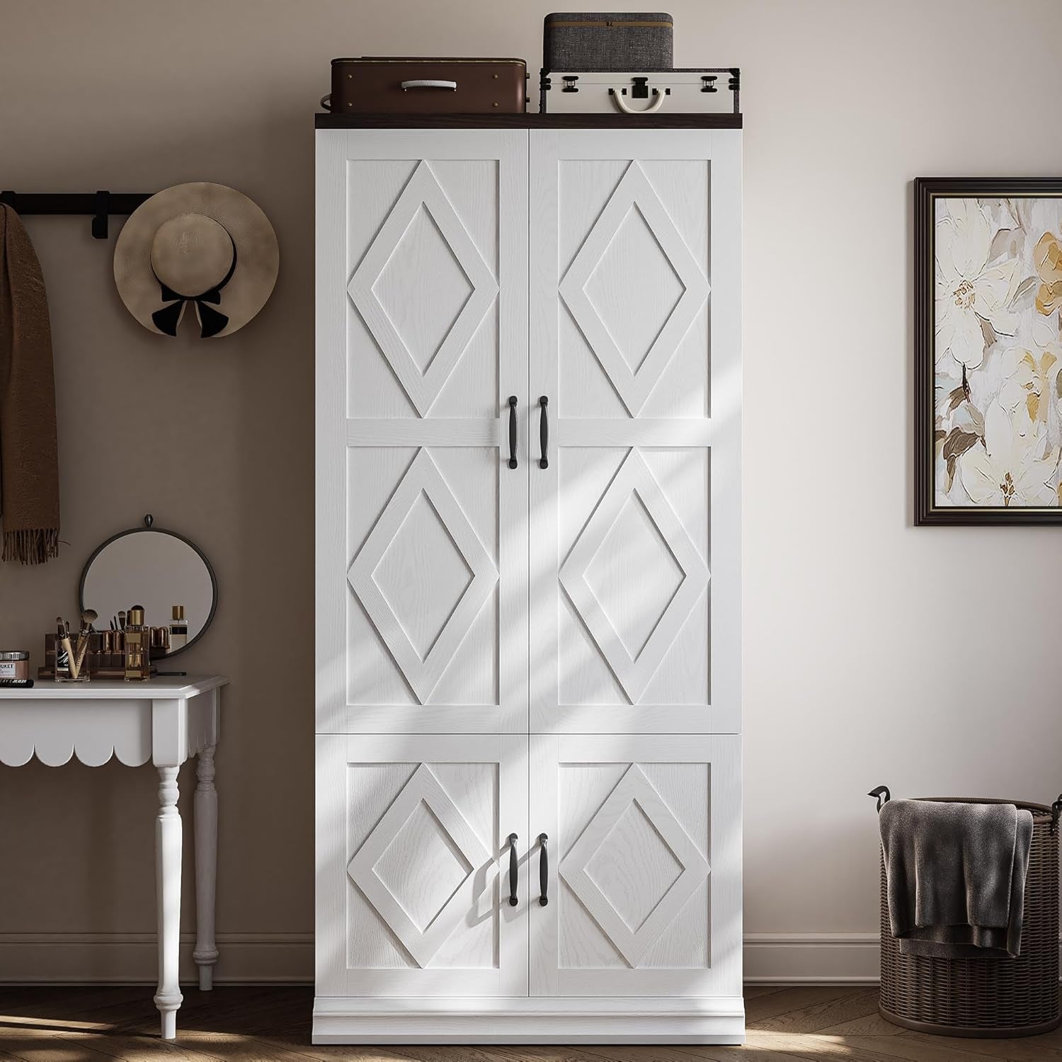 Wardrobe Closet, 71" H Tall Wooden Closet with 5 Clothing Shelves, 4 Doors and Hanging Rod for Hanging Clothes, Bedroom Freestanding Armoire Storage Cabinet, Stand Alone Clothing Unit, White