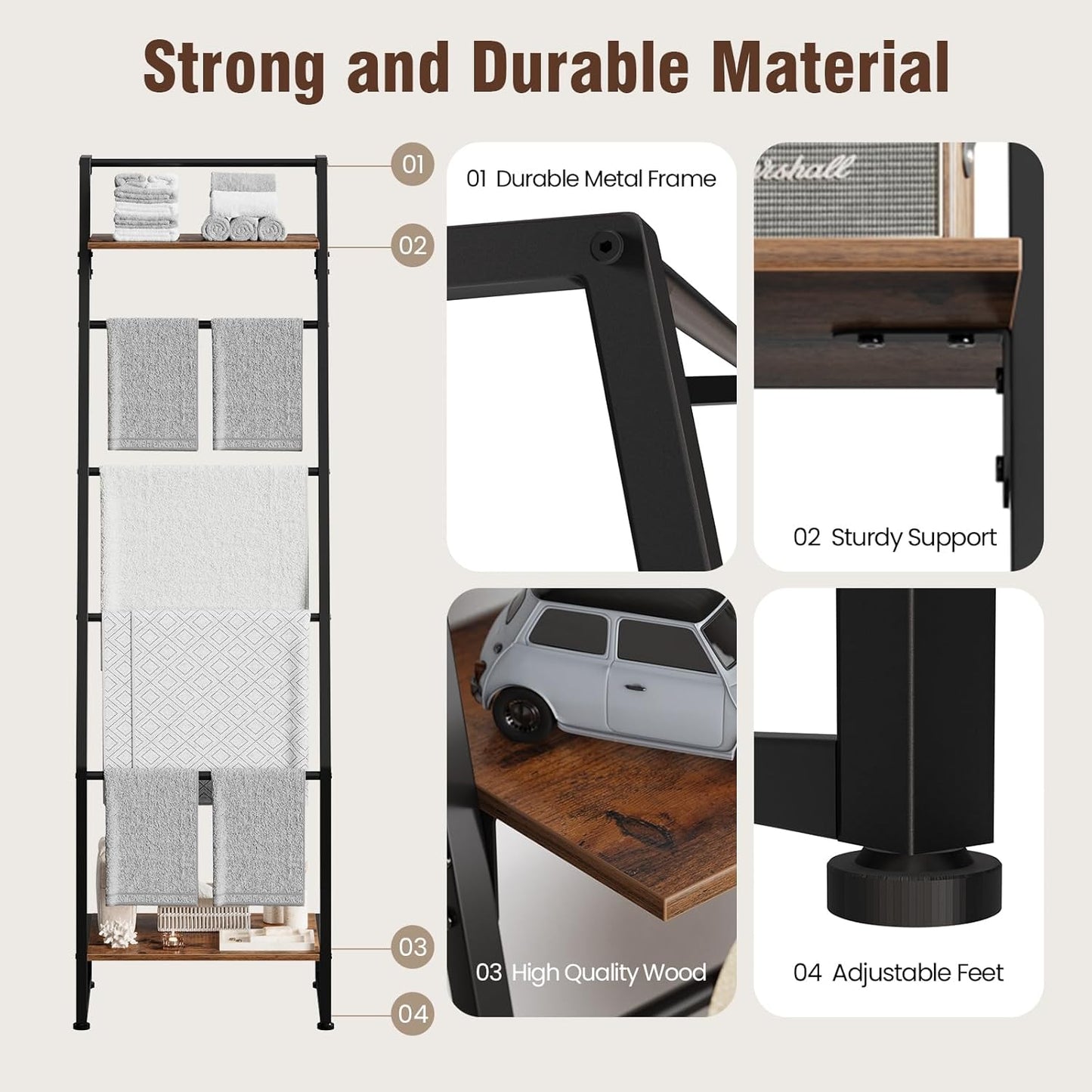 Blanket Ladder with Shelf, 6 Layer Wall-Leaning Blanket Rack, Farmhouse Blanket Shelf for Storage and Home Decor, Freestanding Rack for Bathroom, Rustic Brown and Black