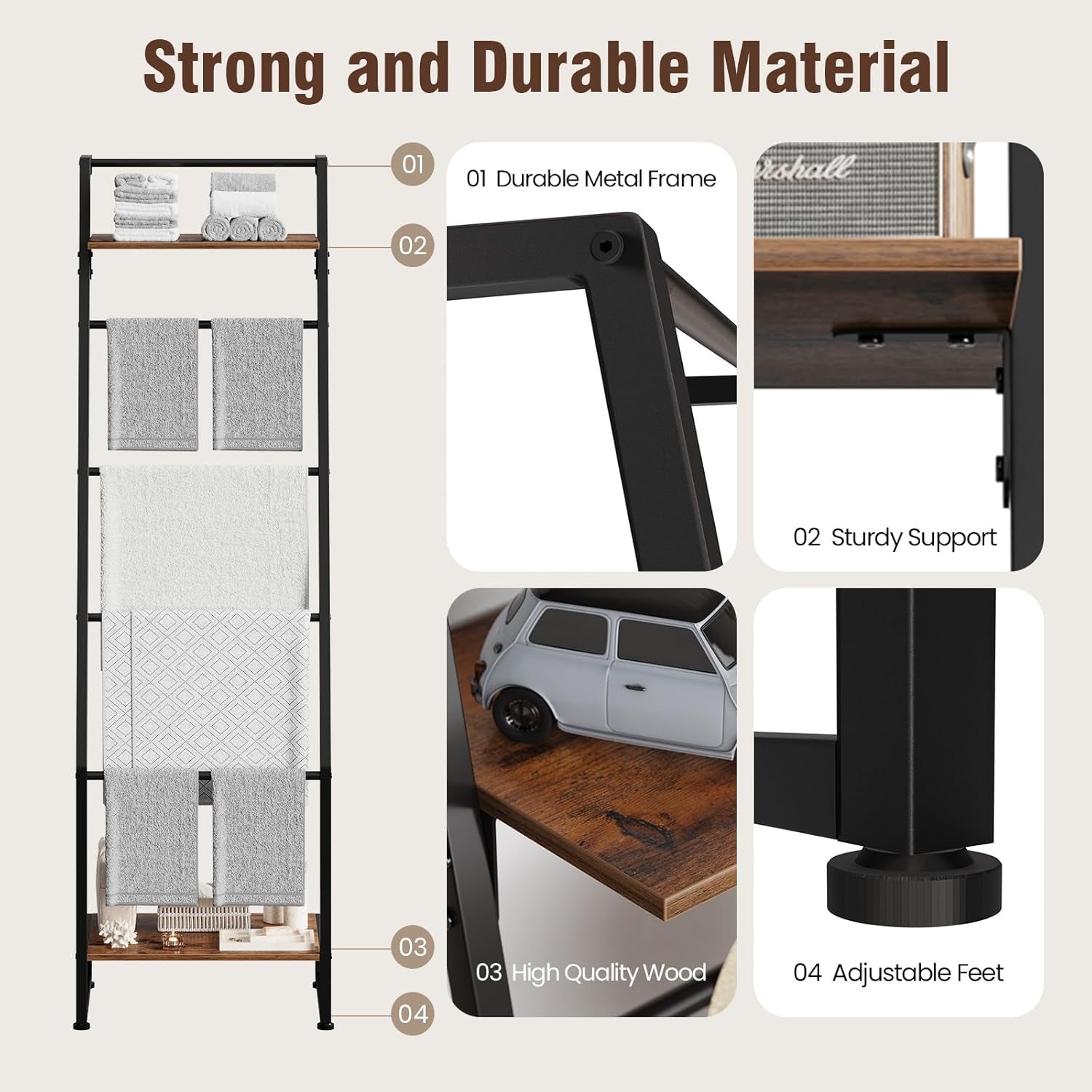 Blanket Ladder with Shelf, 6 Layer Wall-Leaning Blanket Rack, Farmhouse Blanket Shelf for Storage and Home Decor, Freestanding Rack for Bathroom, Rustic Brown and Black