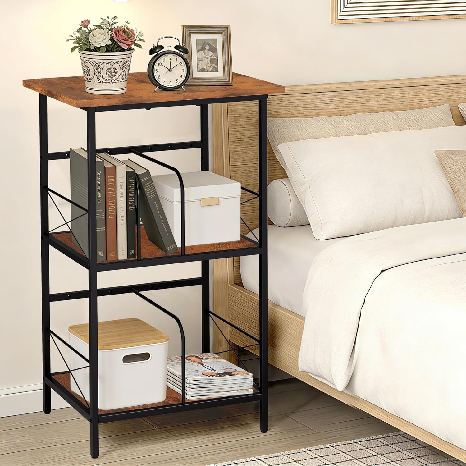 Record Player Stand with 4 Adjustable Dividers, Vinyl Record Storage Holds 200 Lps, 3 Layer End Table, Multi-Functional Record Player Table for Home, Rustic Brown