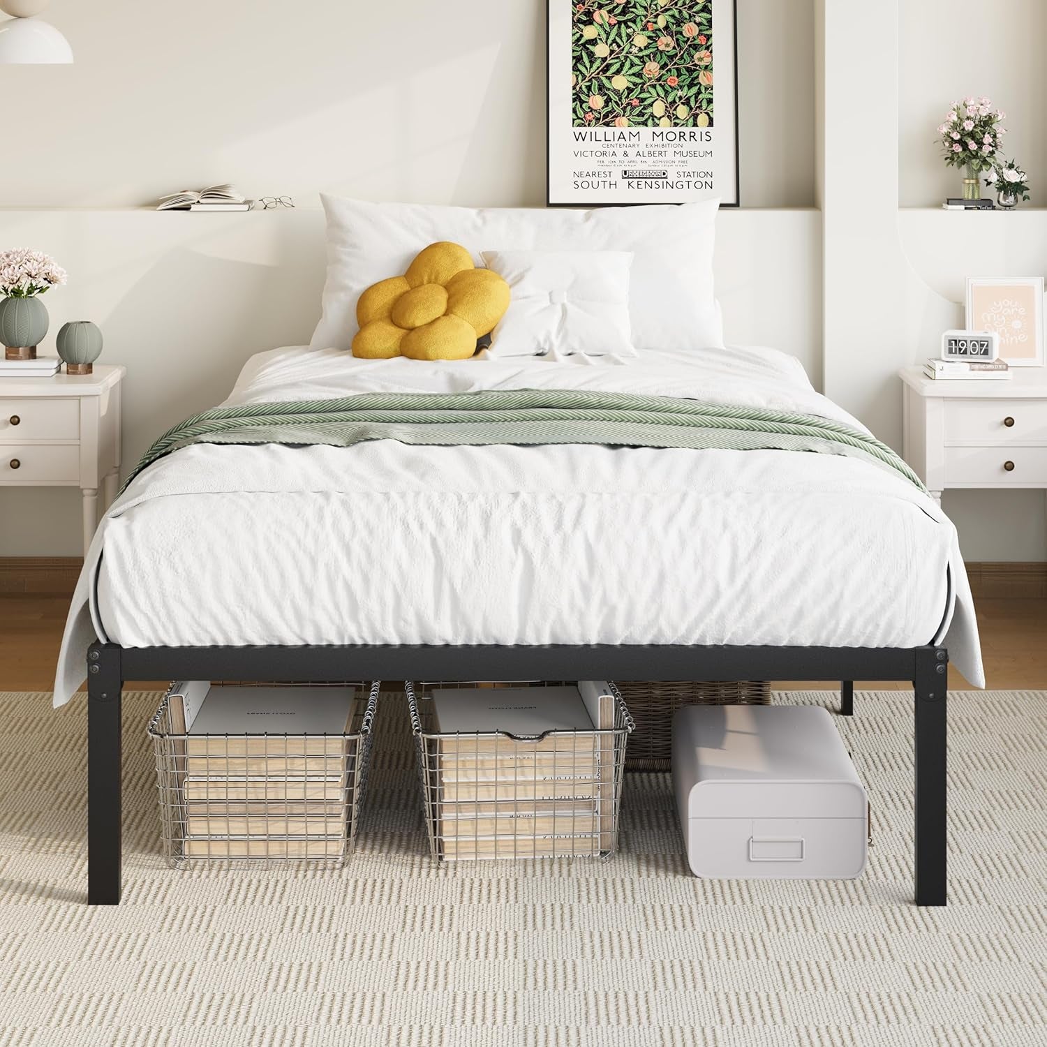 Twin Bed Frame, 14 Inch Metal Platform Beds with Storage Space, No Box Spring Needed and Easy Assembly, Black