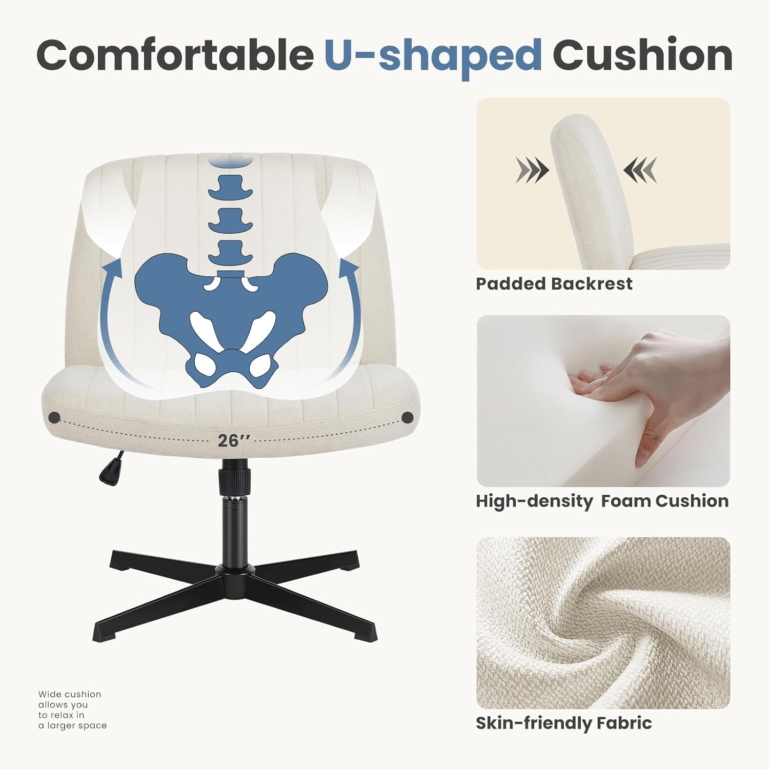 Desk Chair No Wheels, Criss Cross Chair Wide Cross Legged Office Desk Vanity Comfy Chair, Armless Adjustable Swivel Chairs for Home Computer Task Beige
