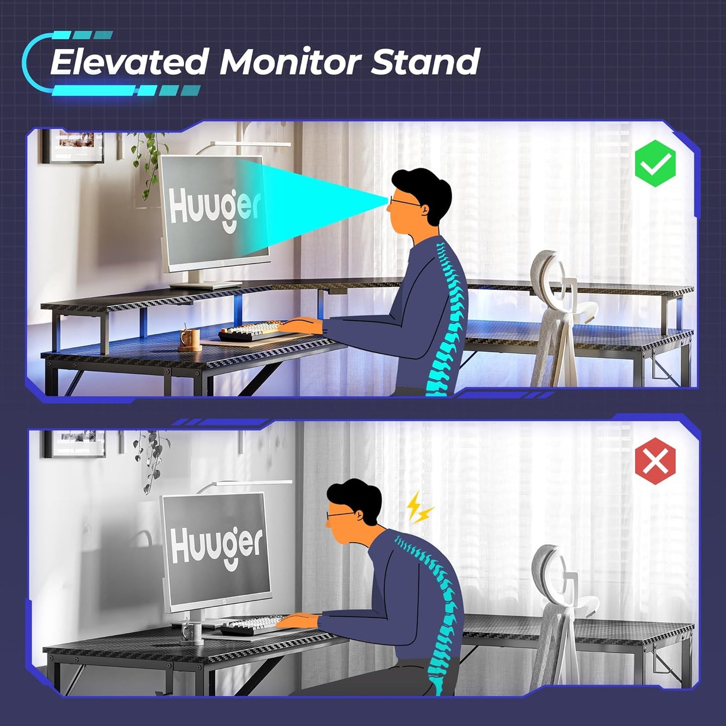 L Shaped Gaming Desk with Power Outlets & LED Lights, Computer Desk with Monitor Shelves, Carbon Fiber Surface, Home Office Desk, Corner Gaming Desk with Hooks, Carbon Fiber Black