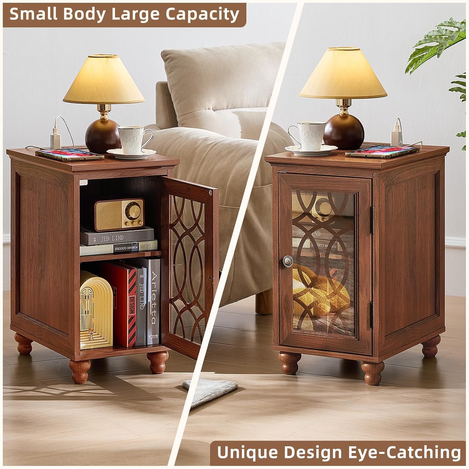Narrow Side Table with Charging Station Set of 2, Night Stand with Glass Door,Bedside End Tables with Adjustable Shelf Storage Cabinet,Wood Nightstand for Small Spaces Living Room Bedroom