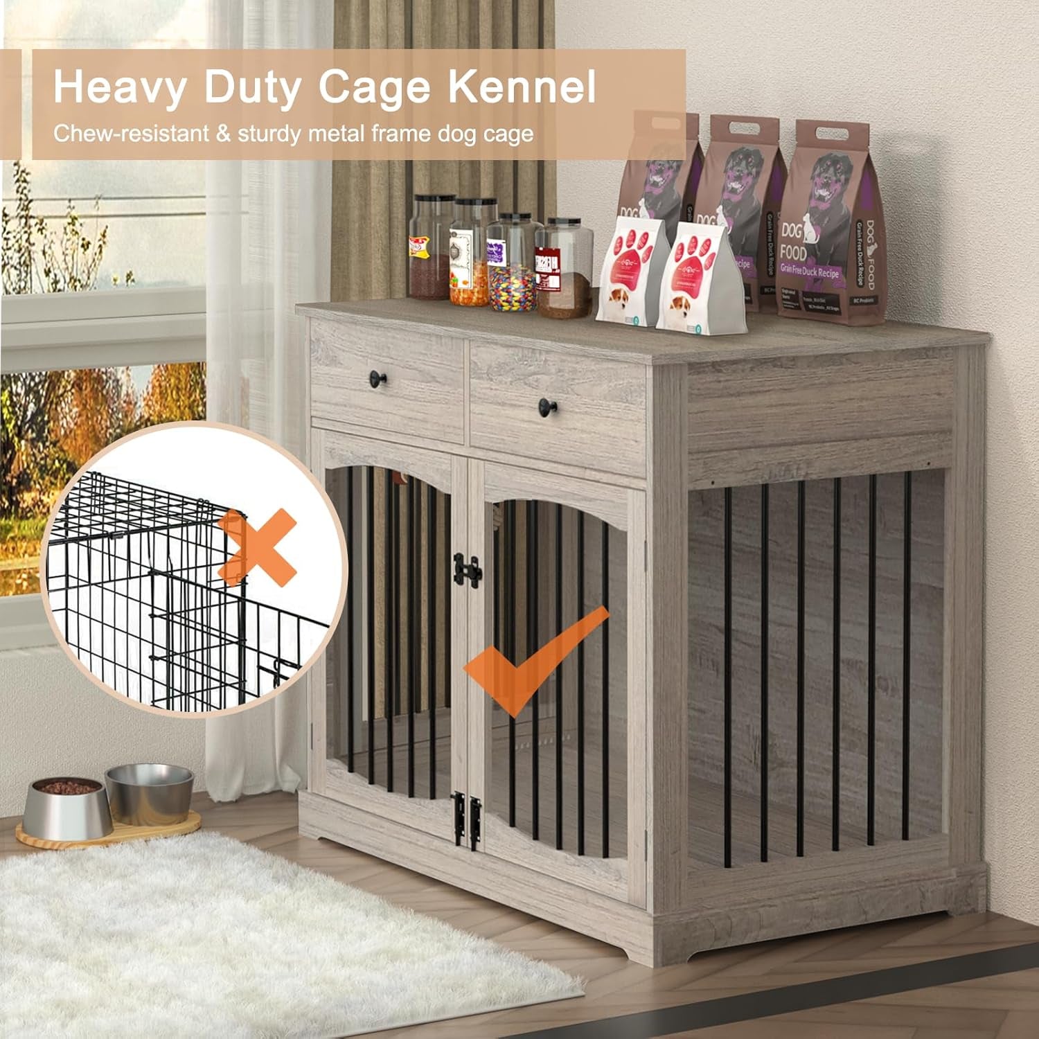 40 Inch Dog Crate Furniture-Farmhouse Dog Kennel with Drawers-End Table Wooden Pet Crate, Double Door Design, Decorative Dog House Indoor for Small Medium Large Dog, Oak Grey