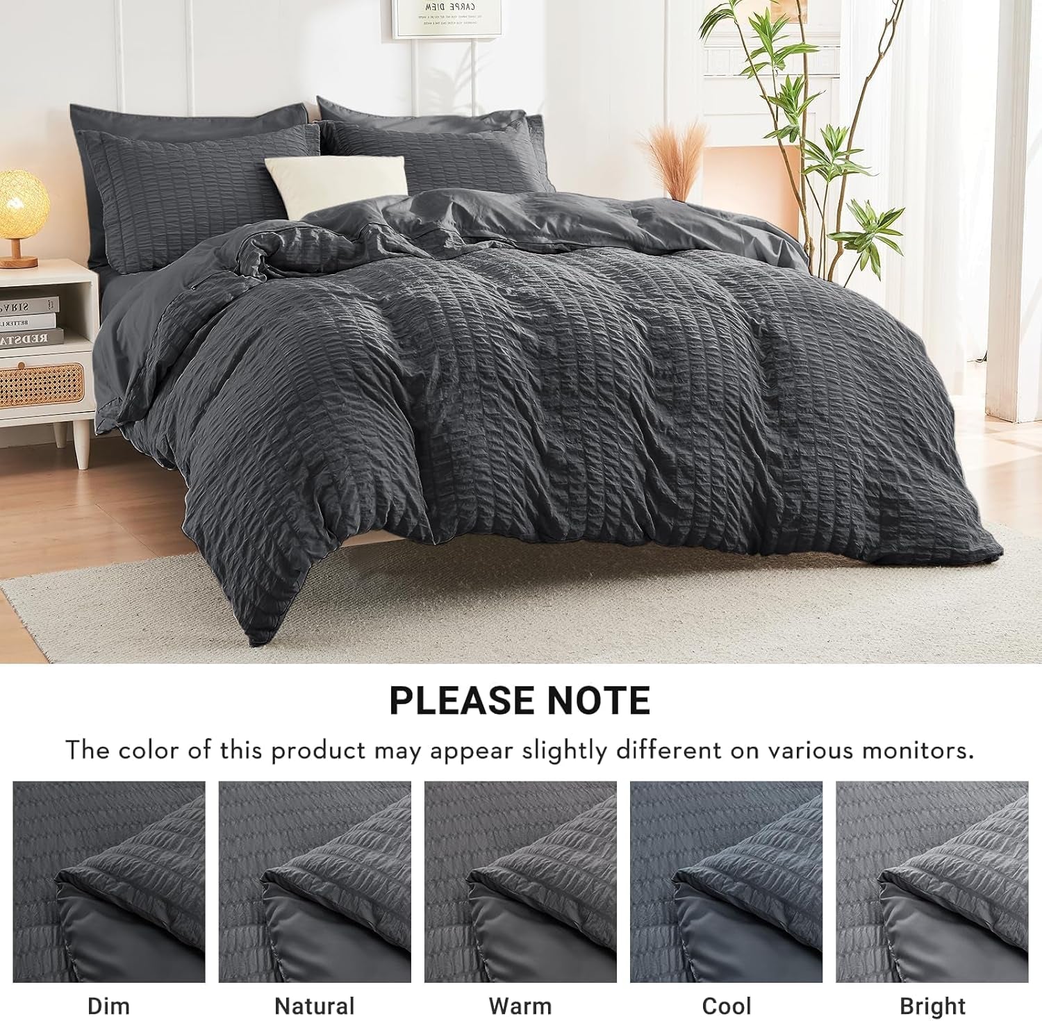 7 Piece King Size Comforter Set Seersucker, All Season Luxury Bed in a Bag for Bedroom, Bedding Set with Comforters, Sheets, Pillowcases & Shams, Dark Grey