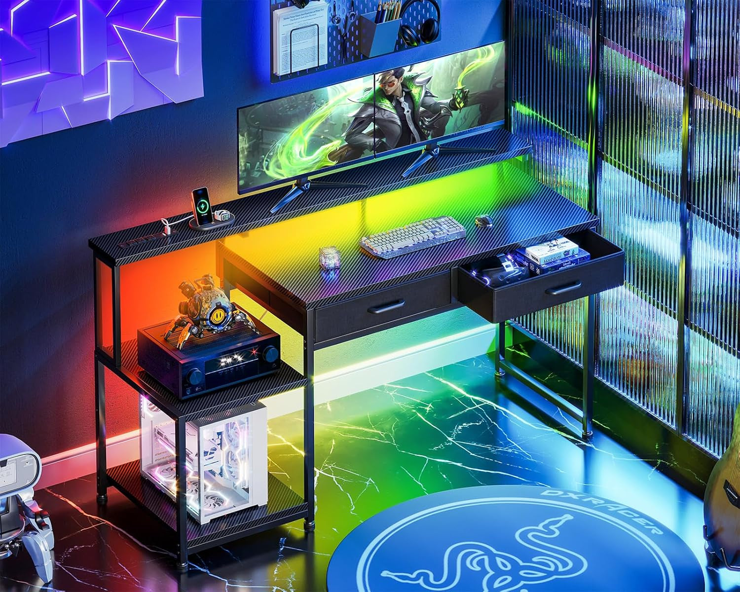 Gaming Desk with Led Lights & Power Outlet, 55 Inch Computer Desk with Drawers, Office Desk with Large Display Storage Shelves, Reversible Desk with Monitor Stand for Home, Carbon Fiber Black