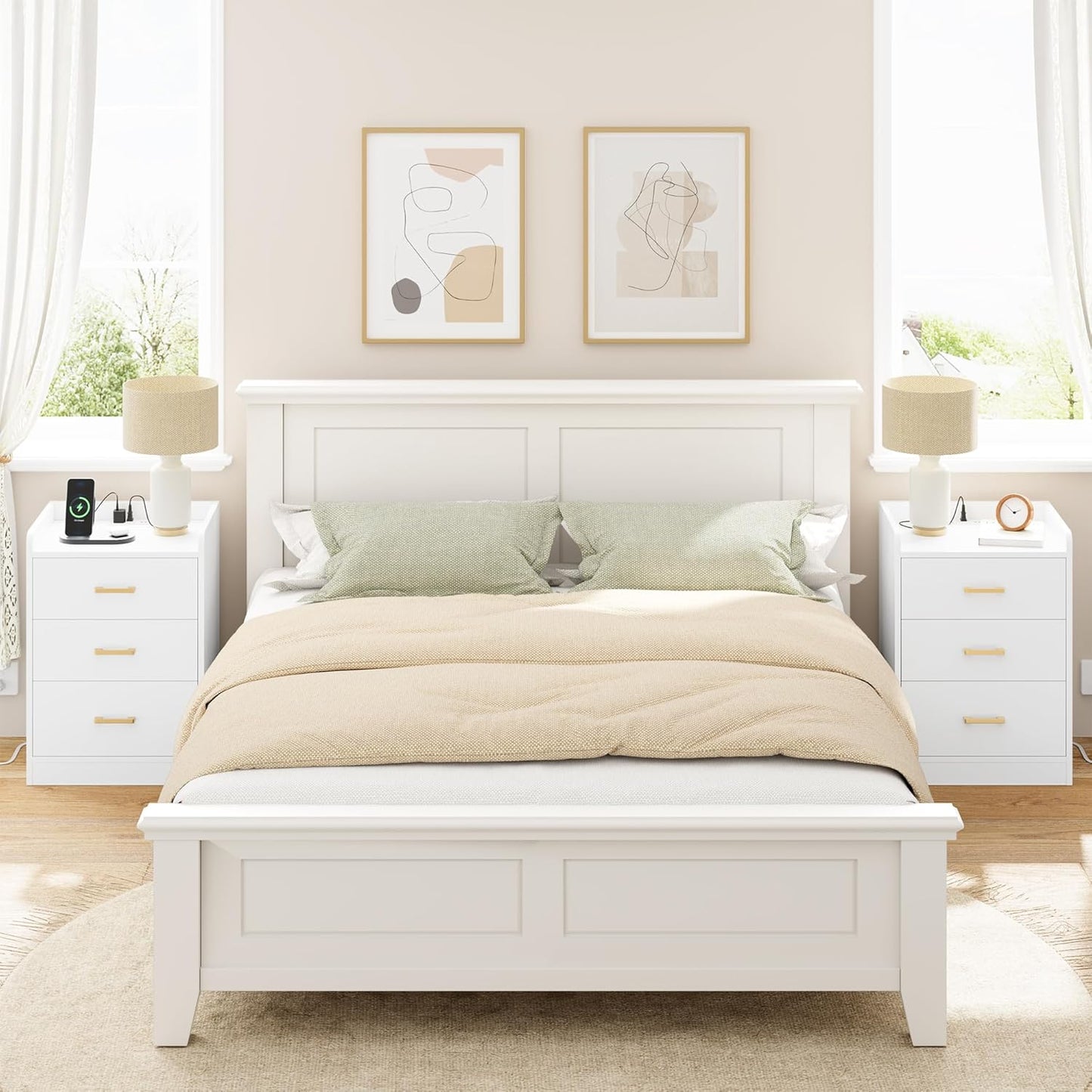 Nightstands Set of 2 with Charging Station, 3 Drawer Nightstand with Gold Handles, White Nightstand for Bedroom, Modern Design End Side Table for Home, Office