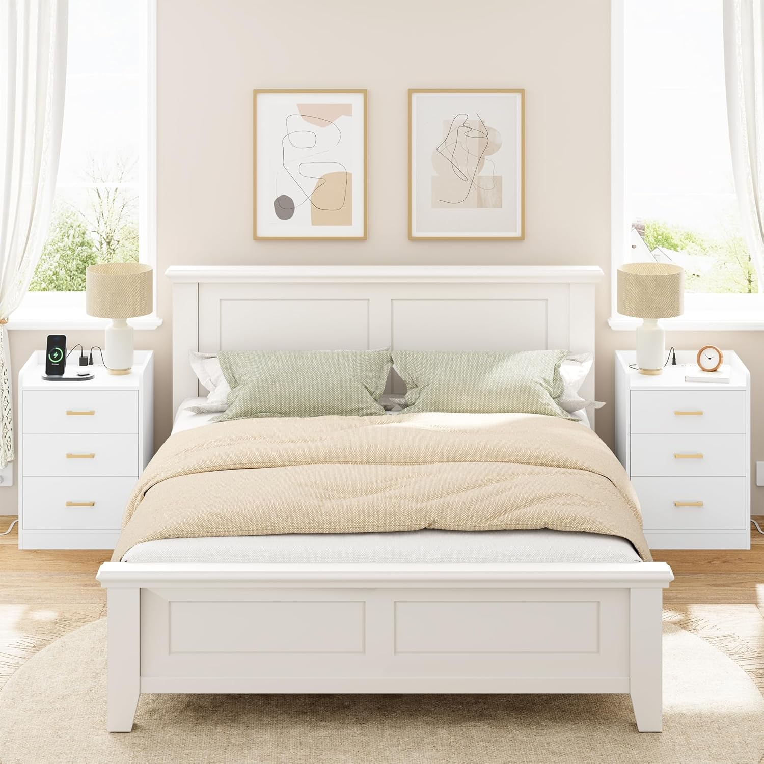 Nightstands Set of 2 with Charging Station, 3 Drawer Nightstand with Gold Handles, White Nightstand for Bedroom, Modern Design End Side Table for Home, Office