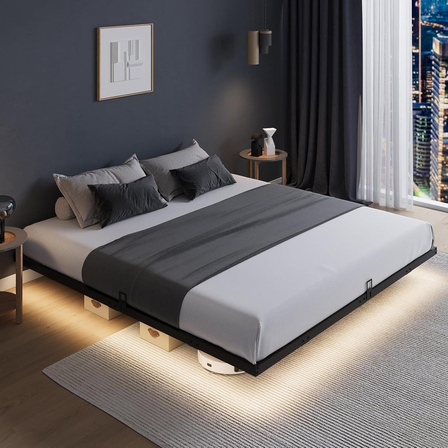 Floating Bed Frame with LED Lights, Modern Platform Queen Bed Frame with Mattress Slide Stopper, Easy Assembly, No Box Spring Needed, Noise Free