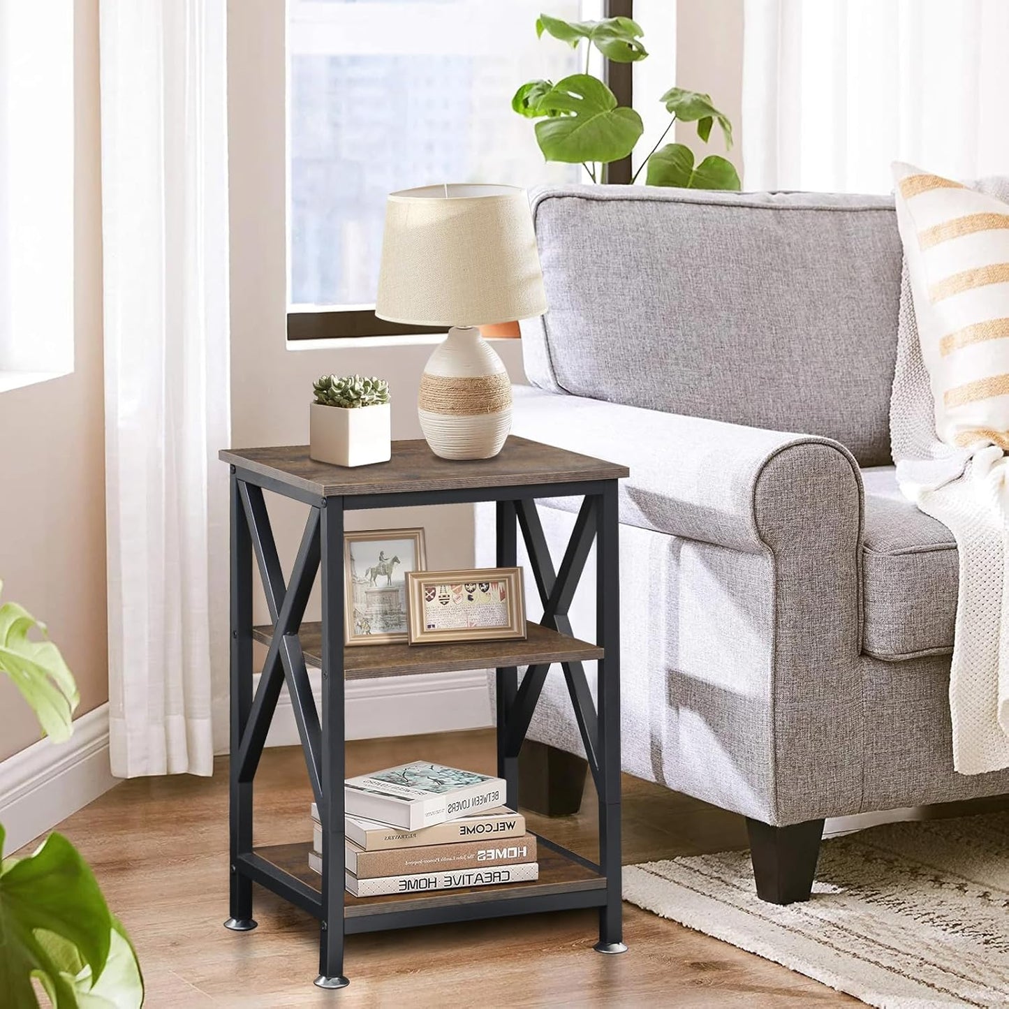 End Tables with Storage Shelf, 12" Deep X 16" Wide X 24" High, Small Side Table 3-Tier, End Tables Living Room Farmhouse, X-Shaped Night Stands for Bedrooms Bedside Tables, End Table Wood and Metal