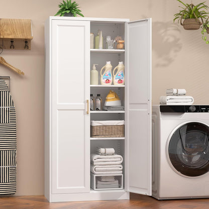 71" Tall Metal Pantry Cabinet, White Kitchen Pantry Storage Cabinet with 4 Adjustable Shelves and Gold Handles, Cupboard for Kitchen, Dining Room, Living Room, Bathroom