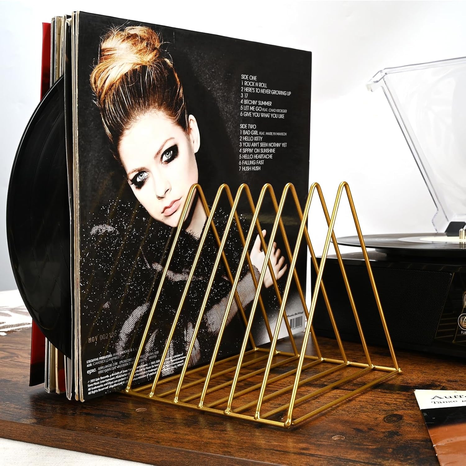 9 Slot Record Holder,Desktop Vinyl Record Storage Holds up 30 Lps,Metal Magazine Holder Triangle File Holder for Office Homer,Golden