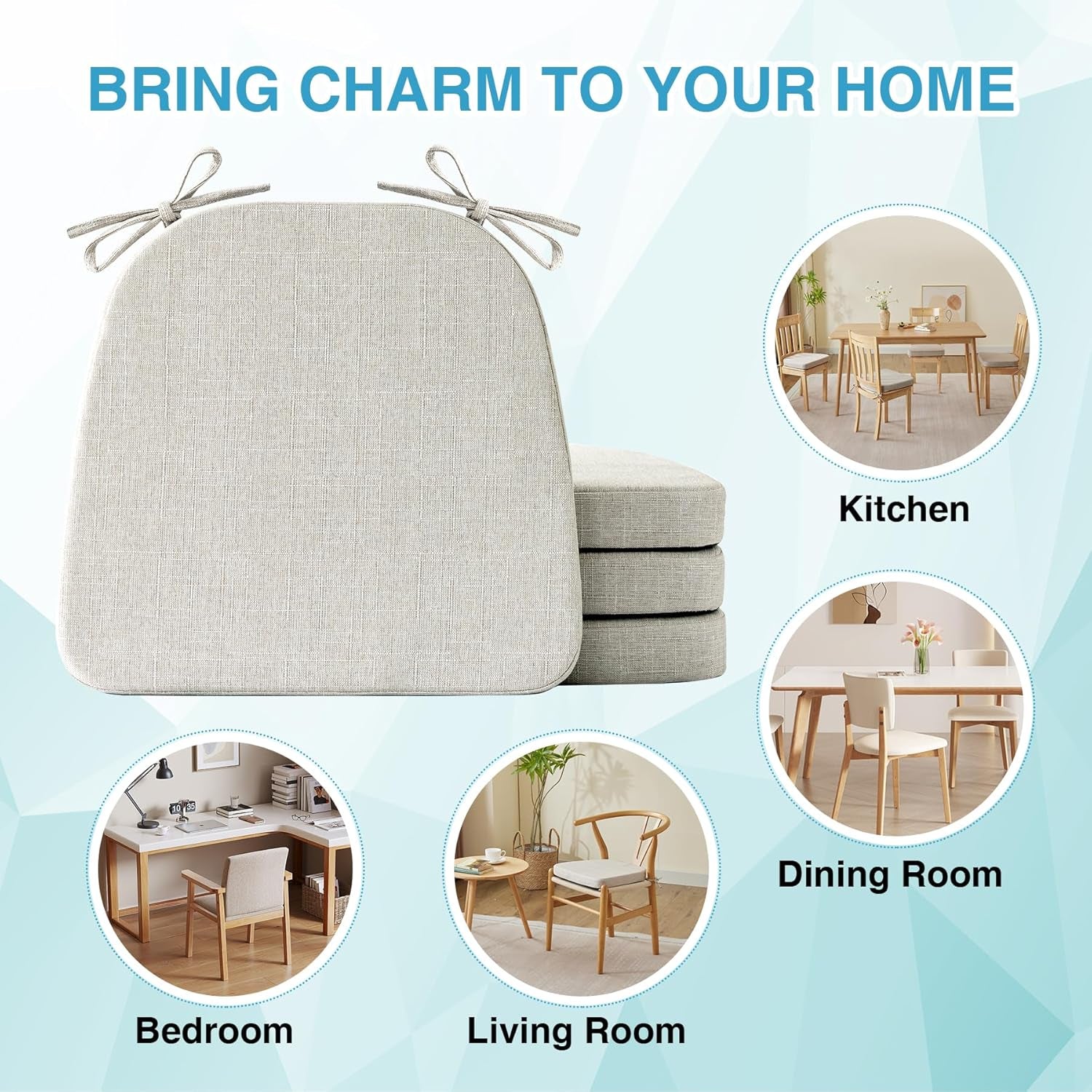 Chair Cushions for Dining Chairs Set of 4, Non Slip Kitchen Chair Pads, 17" X 16" X 2", Indoor Dining Chair Cushions with Ties, D-Shaped Seat Cushions for Kitchen Chairs, Beige