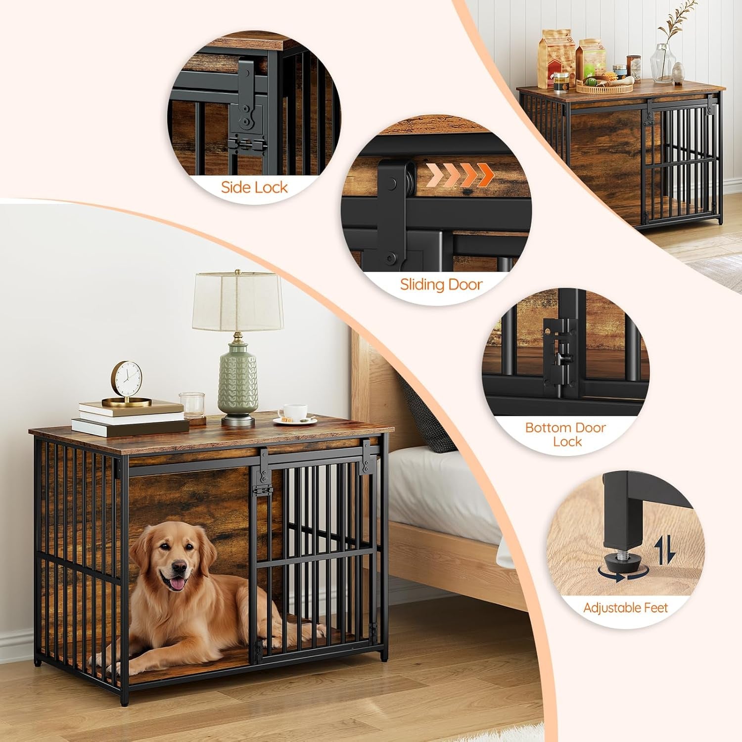 Dog Crate Furniture, 36.6" Heavy Duty Dog Kennel with Sliding Barn Door, Wooden Dog Cage Indoor, Decorative Side End Table for Small/Medium Dogs, Rustic Brown and Black FG162GW03G1
