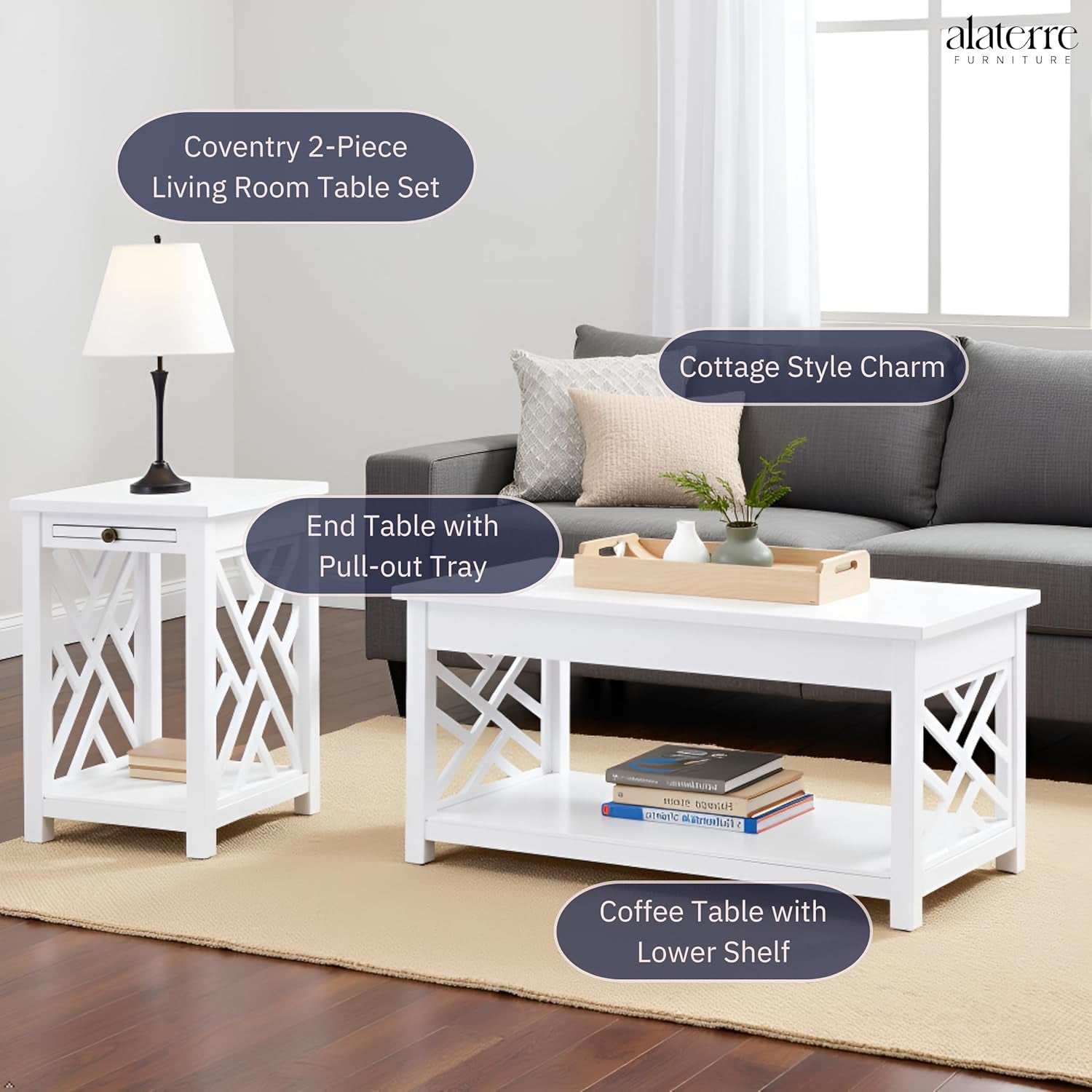 Coventry 2-Piece Living Room Table Set – Cottage Style Coffee Table and End Table with Lower Shelves and Pull-Out Tray – for Apartment, Loft, or Teen Room by  (White)