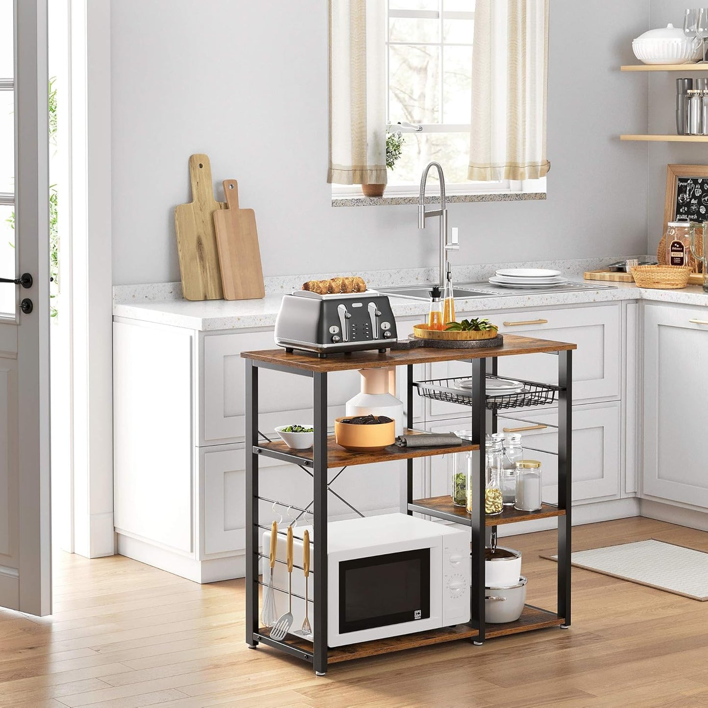 Baker'S Rack, Coffee Bar Stand with Charging Station, 33 Inches Tall, Storage Shelves, Pull-Out Wire Basket, Table for Microwave, Kitchen, Rustic Brown and Ink Black UKKS90X