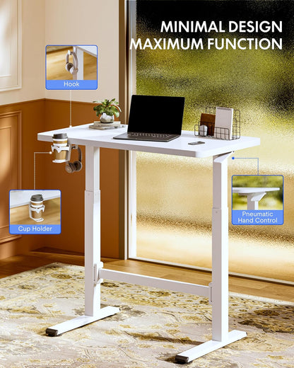 H7 plus Gas Spring Adjustable Standing Desk, Mobile Rolling Sit-Stand Table with Wheels, Cordless Stand up Desk for Small Spaces & Home Office, 32" One-Piece Desktop White,Height 27.6"–45"