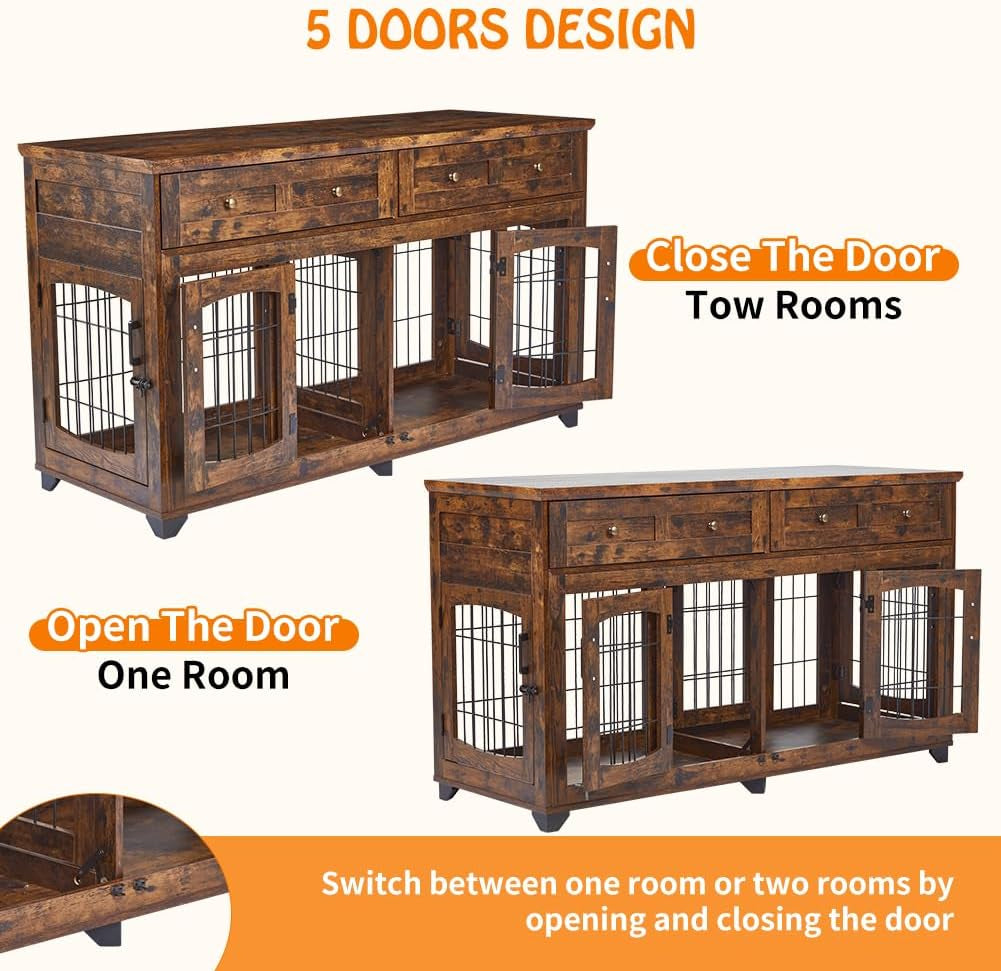 58 Inch Large Dog Crate Furniture - 2-Room Wooden Dog Kennel for 2 Dogs/Large Breeds, Crate TV Stand End Table with Storage Drawers, Indoor Dog House with Openable Divider